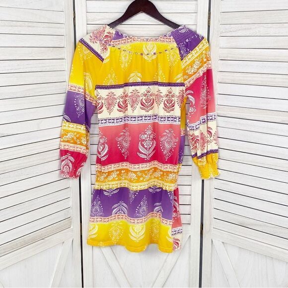 Joyous & Free Floral Damask Colorblock Tunic Dress Small Off Shoulder Smocked - Picture 9 of 13